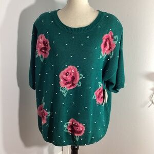VTG MAGGIE LAWRENCE COLLECTION PLUS 26/28W GREEN SWEATER FLORAL EMBROIDERY